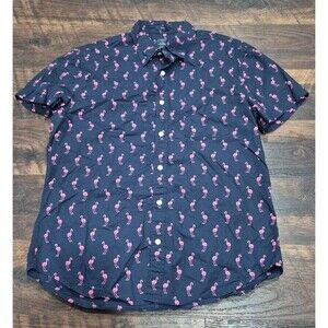 J Crew Shirt Mens Large Blue Flamingo Print Slim Flex Washed Short Sleeve Preppy